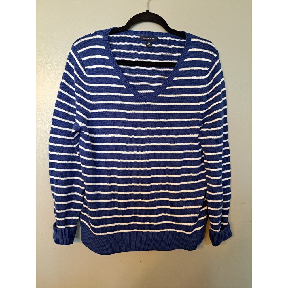 Lands End Sweater Sz Large 14-16 Women Pullover Blue White Striped Knit